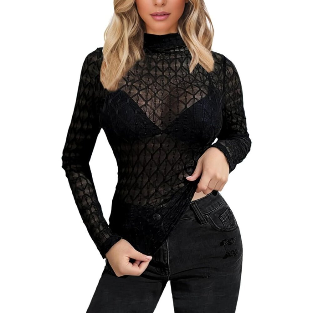 🆕 Women Black Long Sleeve Mesh Top Lace Mock Neck See Through Fitted Sexy Out
